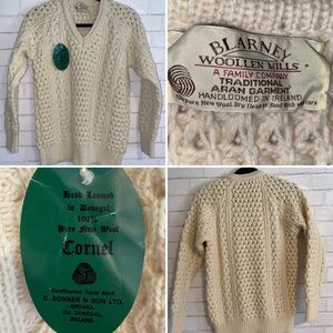 New Blarney Woolen Mills $189 Donegal Ireland V Neck Fisherman Wool Sweater 38